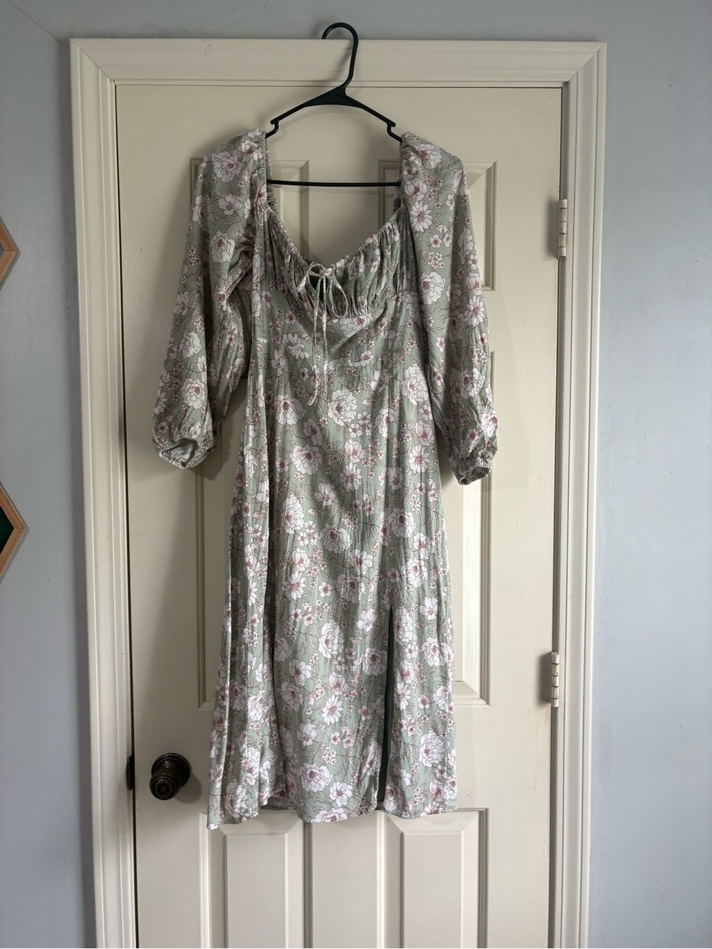 Altar'd State Sage Green Floral Puff-Sleeve Midi Dress